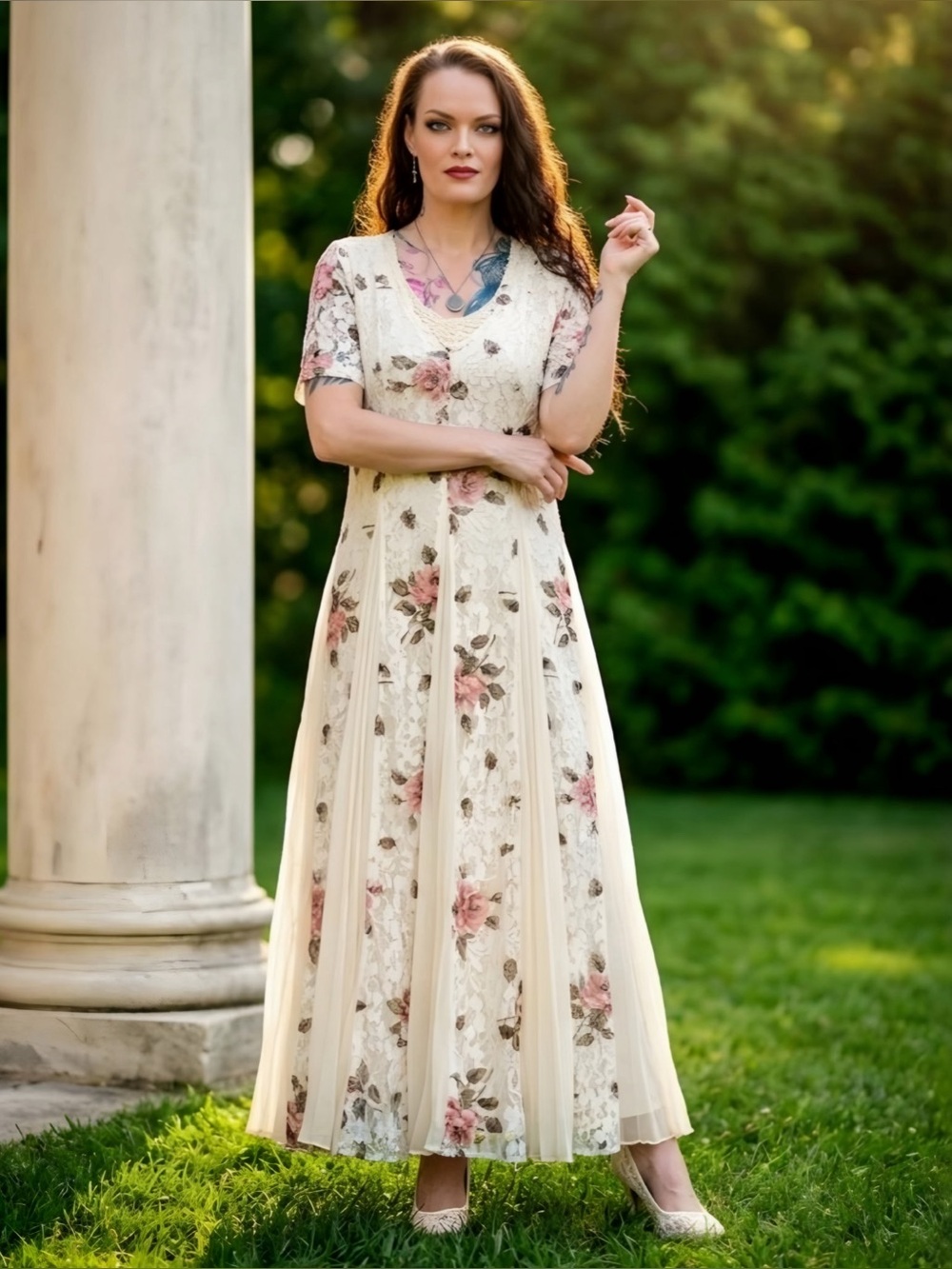 Vintage 80s Starina Cream Floral Lace Boho Prairie Maxi Dress Bridal Cottagecore